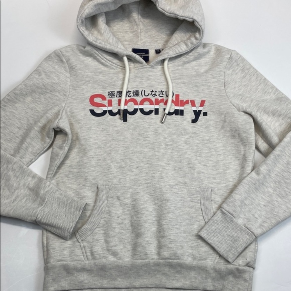 Superdry Logo Hoodie Light Gray Pullover Sweatshirt Women Sz 8